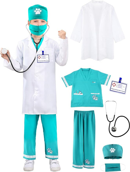 7 Pcs Kids Veterinary Costume Set Animal Doctor Dress Up Outfits for Kids Career Day Role Play Halloween Cosplay Pretend Play