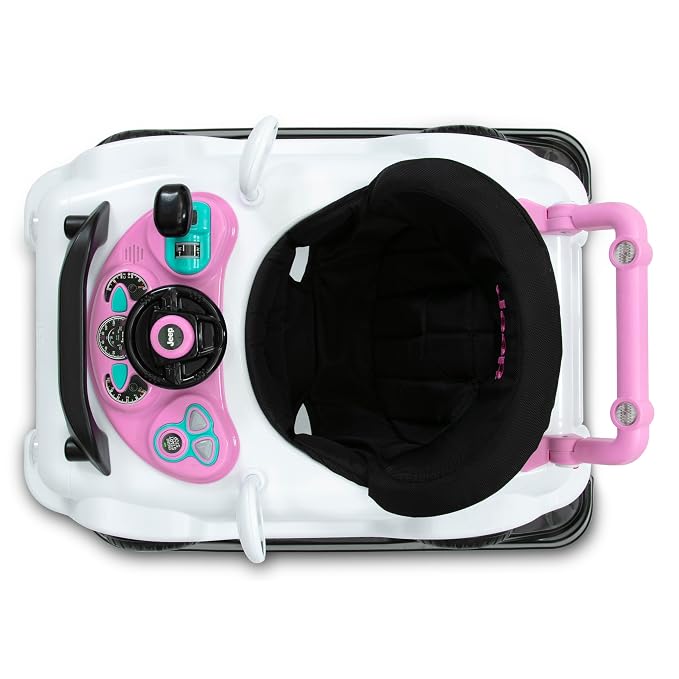 Jeep Classic Wrangler 3-in-1 Grow with Me Activity Walker - Features Music, Lights, Removable Play Tray, Push Walker Mode, Converts into Rolling Car Toy, White/Pink
