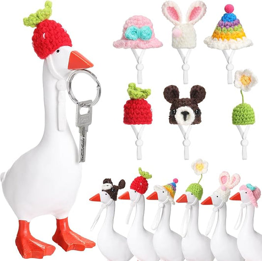Geyoga 6 Pcs Mini Knitted Hats 7 Inch Goose Outfits Hat with Adjustable Strap Mini Porch Goose Headwear for Statue Key Holder