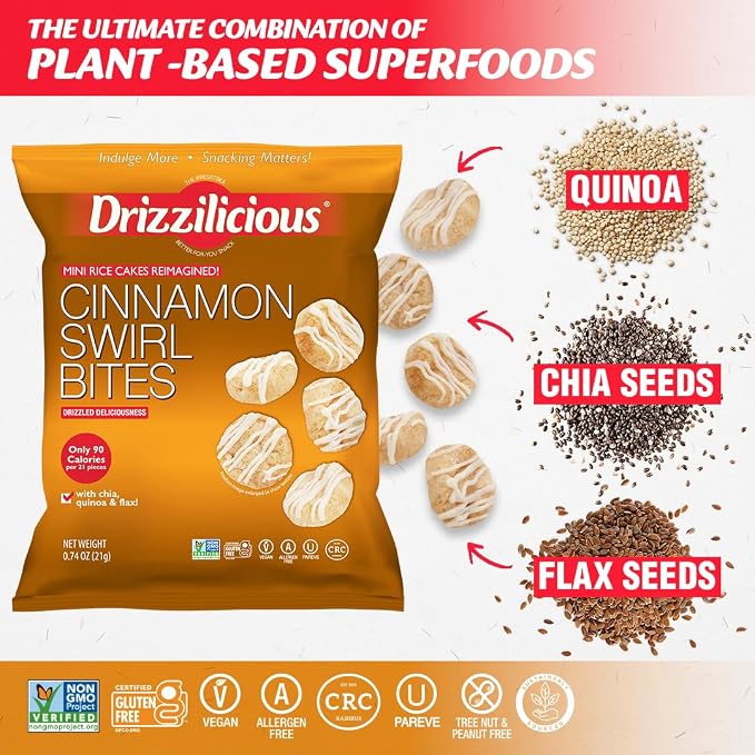 Drizzilicious Mini Flavored Rice Cakes Cinnamon Swirl - Rice Crisps, Healthy Snack for Adults and Kids, Vegan, Gluten Free Snack, Allergen Free, Only 90 Calories Per Bag - 0.74 oz (Pack of 10)
