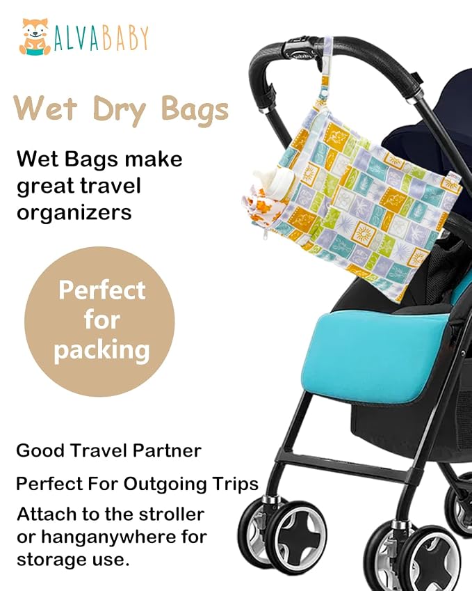 ALVA ALVABABY 2pcs Cloth Diaper Wet Dry Bags Waterproof Reusable with Two Zippered Pockets Travel Beach Pool Daycare Soiled Baby Items Yoga Gym Bag for Swimsuits or Wet Clothes 2LM21