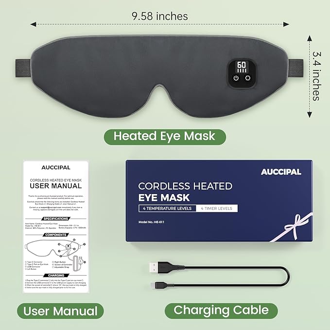 Heated Eye Mask for Dry Eyes, Cordless Warm Eye Compress with 4 Temperature & Timer Levels, Detachable & Washable Eye Heating pad for Blepharitis, Styes, MGD, Travel