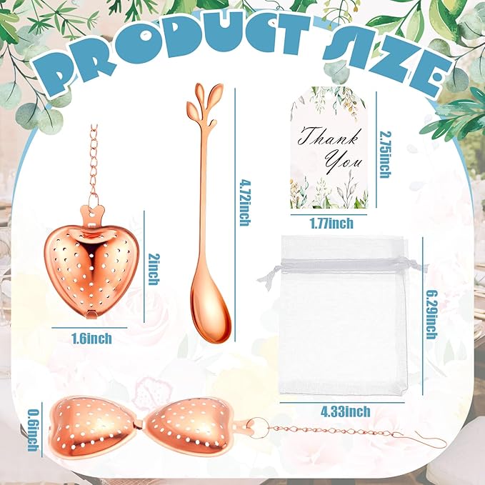 25 Sets Bridal Shower Tea Party Favor for Guest Leaf Tea Spoon Heart Shape Infuser Ball for Loose with Thank You Card Organza Bag Wedding Souvenir Gift(Rose Gold)