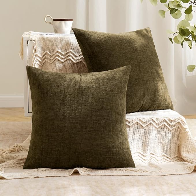 MIULEE Coffee Chenille Couch Throw Pillow Covers, 18x18 | Set of 2, Soft Farmhouse Modern Home Decor, Decorative Pillowcases for Sofa Living Room Bed