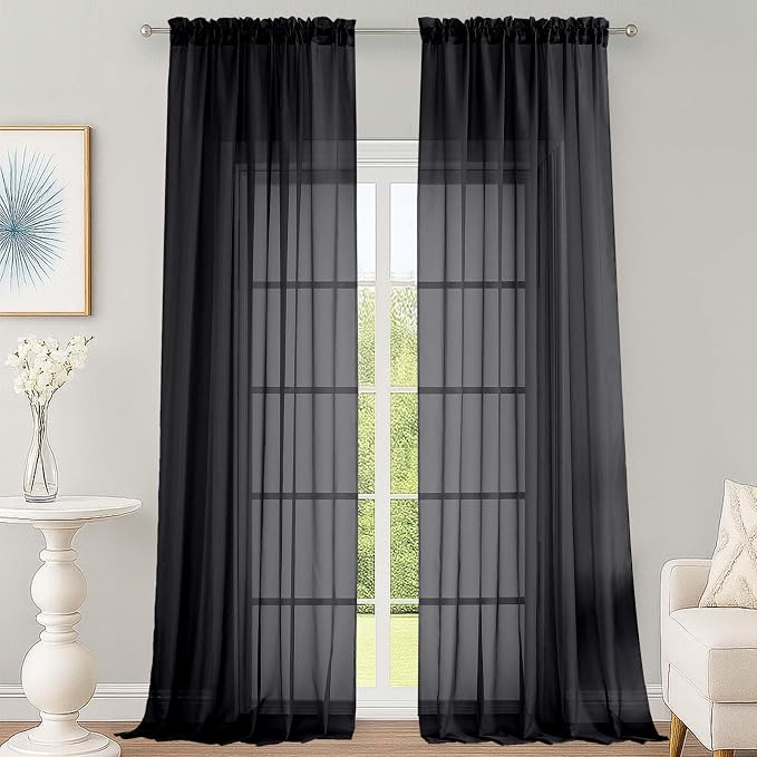 OWENIE Black Sheer Curtains 108 Inches Long for Living Room Bedroom 2 Panels Set, Lightweight Airy Black Sheer Curtain, Filmy Rod Pocket, 2 PCS, Each 59" W x 108" L