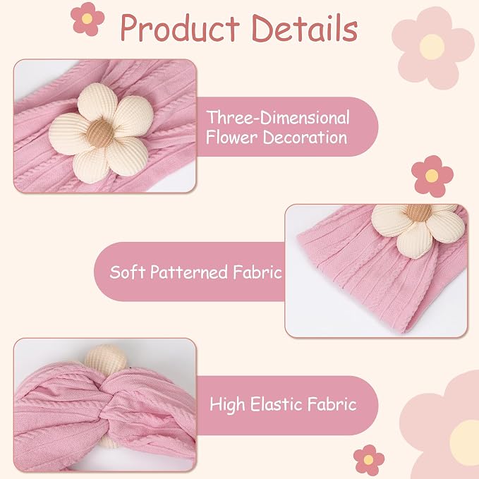 CÉLLOT 3 Pcs Baby Girl Headbands with Flower Nylon Headbands Soft Stretchy Headwear Hair Accessories for Newborn Infant Toddler Kids (Pink Beige Salmon)