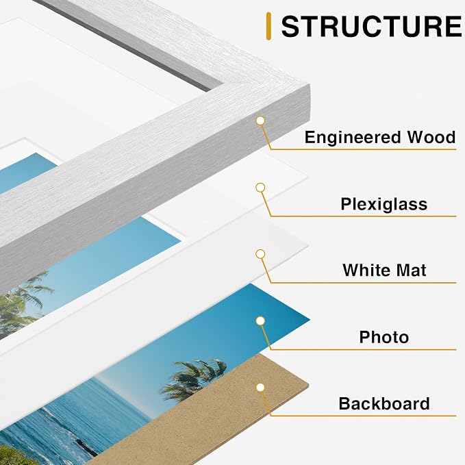 Vittanly 8x10 Picture Frames Set of 9 for Wall or Tabletop Display, Silver | Display Pictures 5x7 with Mat or 8x10 without Mat, Small Photo Frames, Engineered Wood with Shatter Resistant Plexiglass
