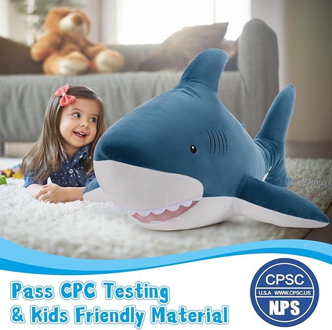 MaoGoLan 51”Giant Shark Stuffed Animal, Large Shark Plush Pillow for Kids Boys Girls,Big Stuffed Shark Toy Gift for Special Day,Blue