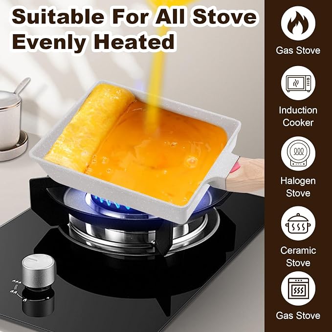 Japanese Omelette Pan, Tamagoyaki Egg Pan, Nonstick Frying Pan with Spatula, Healthy Granite Cookware, PFOS & PFOA Free, 6" x 7" (White)