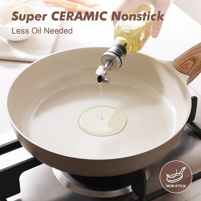 SENSARTE 9.5inch Ceramic Nonstick Frying Pan Skillet with Lid, Taupe | Non Stick Omelet Pans, Non-toxic Healthy Kitchen Cooking Chefs Pan, PFOA/PFAS/PTFE Free, Induction Compatible