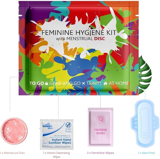 Menstrual Disc Kit with Pad – Single Pack | Convenient On-the-Go Period Essentials | Includes Pads, Feminine Wipes, and Hand Wipe for Complete Hygiene Care (Paint Splash)