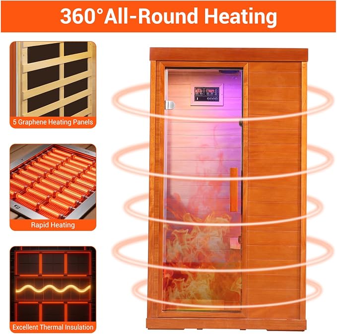 Bowear Far Infrared Sauna for 1-2 Person, 110V 1120W Indoor Home Sauna with Bluetooth Audio, 7 Colors Light Therapy, Reading Lamp, Time & Temperature Adjustable, Oguman Wood Dry Sauna