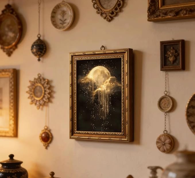Vintage Gold Framed Golden Moon Celestial Wall Art,Moody Celestial Painting Canvas Print,Glittering Golden Rain & Sparkling Stars Wall Decor,Gothic Night Sky Stars Artwork,for Bedroom Living Room Bathroom