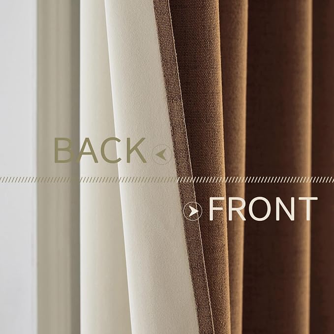 MIULEE Linen Curtains 100% Blackout for Bedroom Thermal Insulated Brown Grommet Room Darkening Curtains & Drapes Fall Decor for Living Room 52 x 72 Inch (2 Panels)