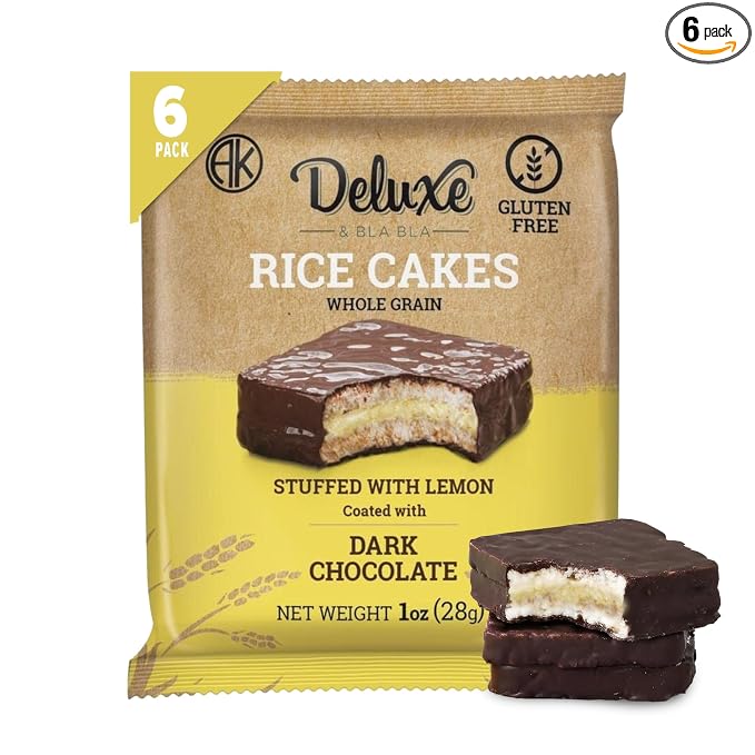 Deluxe & Bla Bla Stuffed Rice Cakes - Whole Grain Chocolate Rice Cake,Gluten Free,Low Calorie,(Alfajor) Kosher Certified - Lemon Filled Rice Cakes coated with Dark Chocolate, 28g Each (6 Pack)