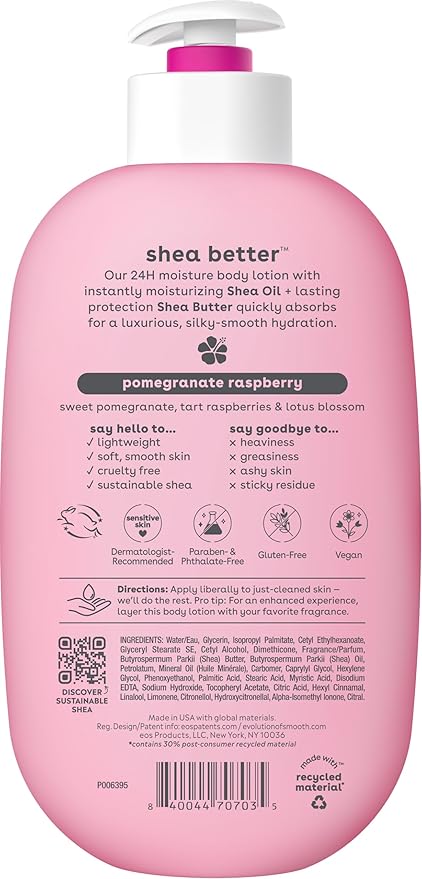 eos Shea Better Body Lotion Pomegranate Raspberry, 24-Hour Moisture Skin Care, Lightweight & Non-Greasy, Natural Shea, Vegan, 16 fl oz
