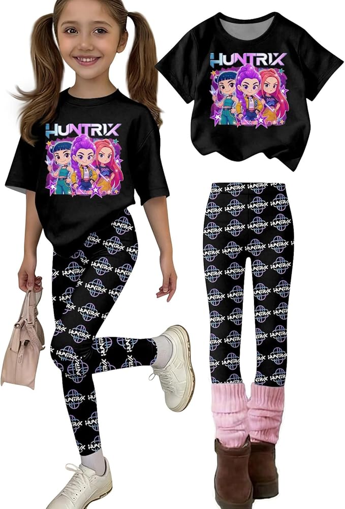 K Pop Short Sleeve T-Shirt and Pants Outfits Set for Girls Hunters Rumi Mira Zoey Graphic Tees De-Mon Kids