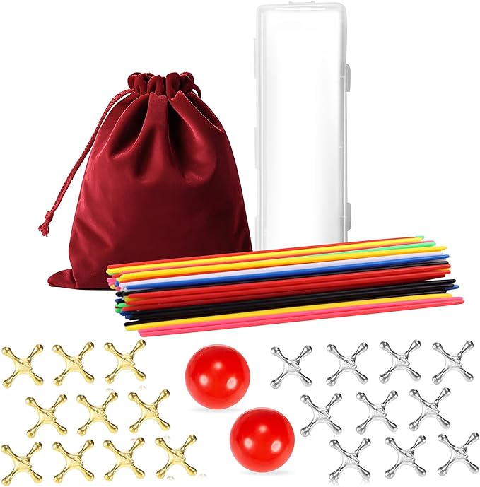 Classic Pick Up Sticks and Jacks Game with Ball Set, Includes Red Rubber Balls, Gold and Silver Metal Jax, Colorful Pick Up Sticks, Storage Box and Bag, Fun Retro Game for Kids Adults Family