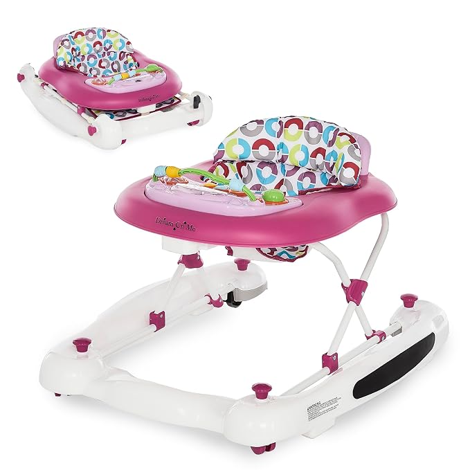 Dream On Me Go-Getter Baby Walker with Rear Push Handle, 2-in-1 Activity Walker and Walk-Behind, 3 Height Adjustments, Easy to Fold, Machine-Washable Seat Pad, Detachable Fun Tray, Pink