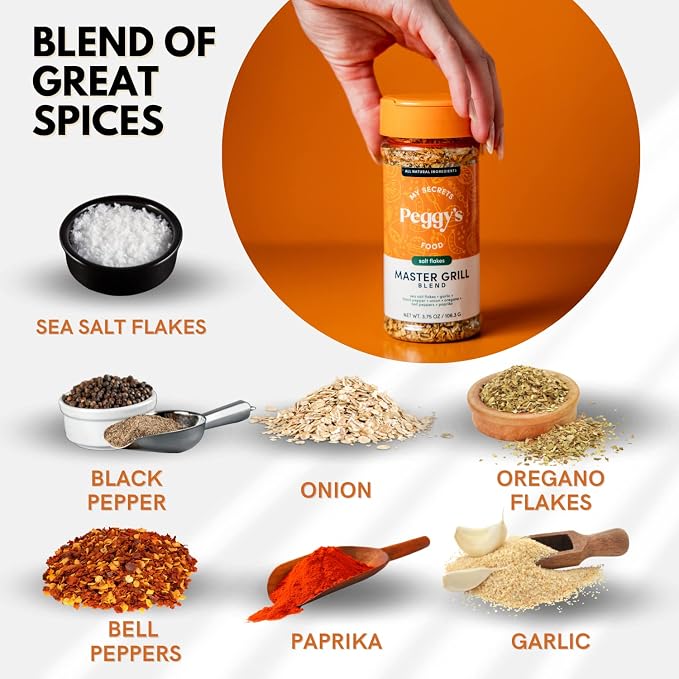 My Secrets Peggy's Food Master Grill Blend - Premium BBQ Seasoning with Sea Salt Flakes, Garlic & Smoked Paprika - Professional Grilling Rub for Steak, Chicken & Veggies - All Natural - 3.75 oz