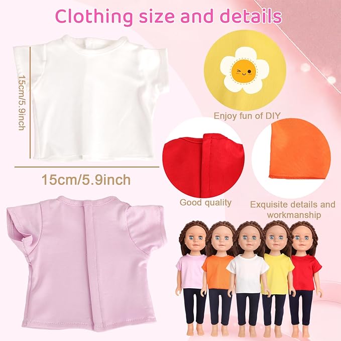 5-Piece Multicolor T-Shirts for 17-18 Inch Dolls / DIY Customizable Plain Tees (Mixed Color)