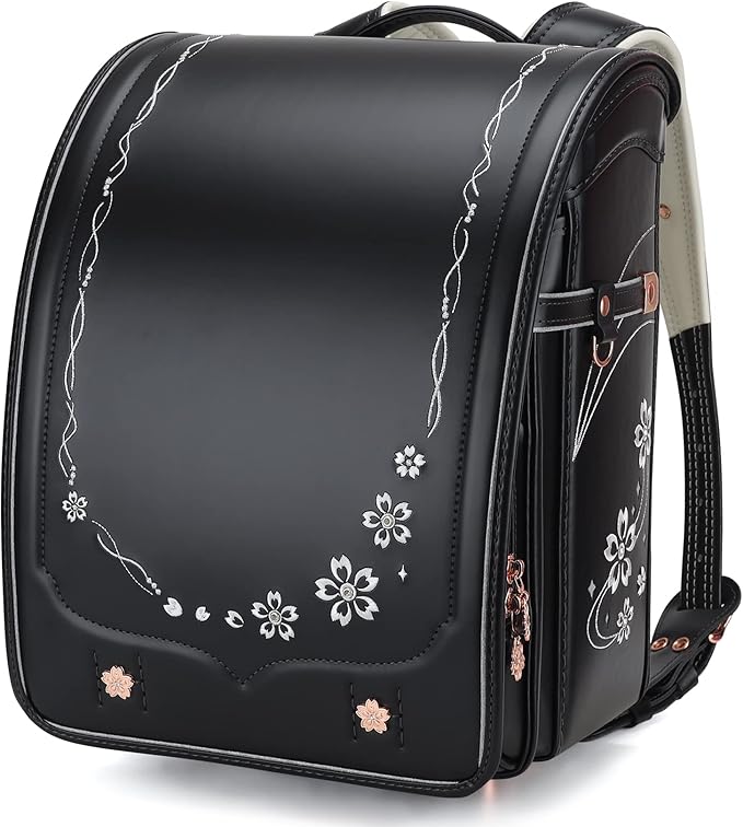 IwaiLoft Ransel Randoseru Backpack Automatic Satchel Japanese School Bag Cherry Blossom Sakura Embroidery PU Bookbag for Girls (Black)