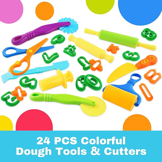 Dough Tools 24pcs Dough Tools Play for Kids Clay Accessories with Rolling Pins,Number Cutters,Roller,Safety Scissors,Plastic Knife