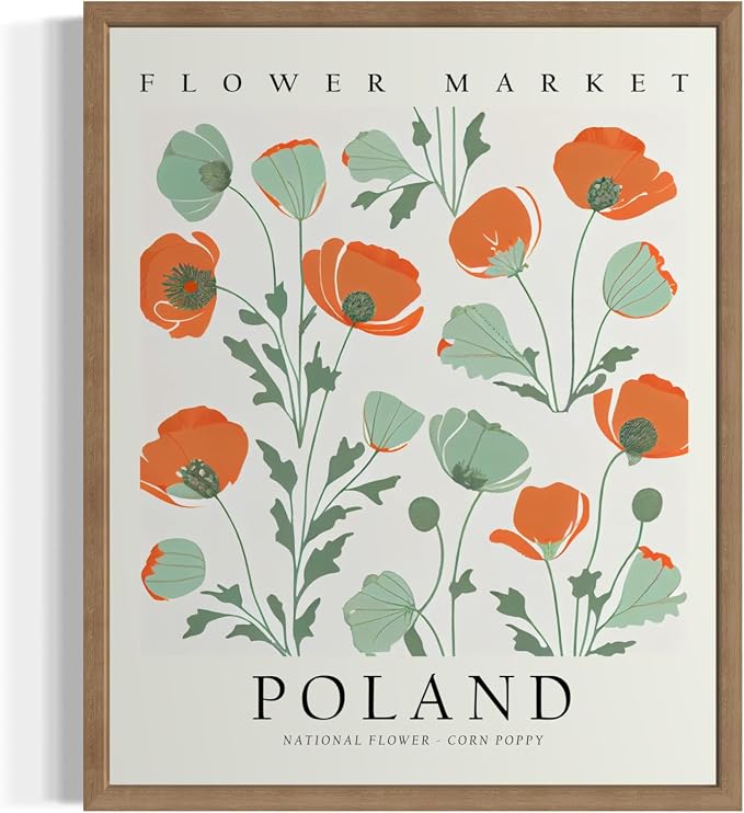 Poland Flower Market Art Print Poster, Wall Art Floral Painting Botanical Decor for Bedroom, Kitchen, Bathroom Livingroom Decoration 82B (Poland, 10"L x 8"W, Wood Frame)