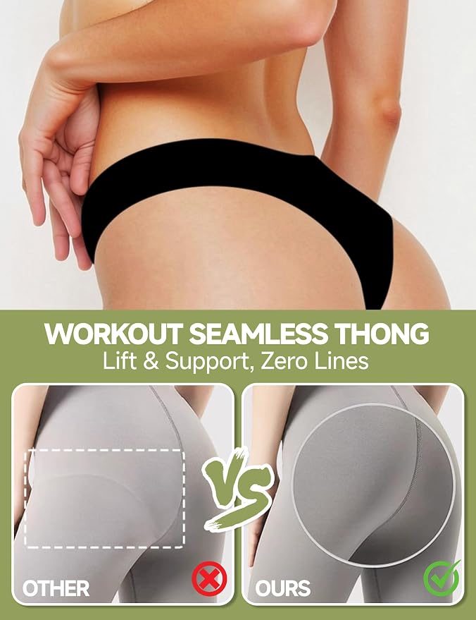 Seamless Thongs for Women No Show G-String Thong Breathable Cotton Panty Liners Underwear for Yoga Workout Gym