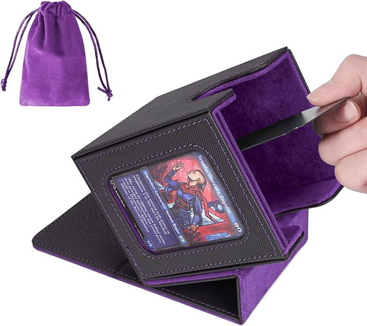AFIING MTG Deck Box for Commander Display,Card Deck Box Fits 100 Double Sleeved Cards, Magic Commander TCG Card Storage Box with 2 Dividers,Drawstring Bag and 1 Toploader(Black/Purple)