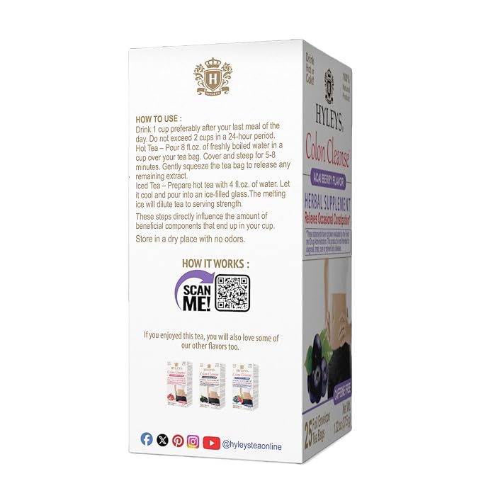 HYLEYS Colon Cleanse Tea, Acai Berry Flavor - 150 Individually Wrapped Herbal Tea Bags (6 Pack of 25) - Caffeine Free, Vegan