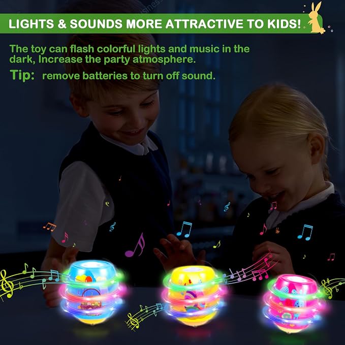 6 PCS Easter Basket Stuffers for Toddler Kids, Light Up & Singing Spinning Top with Flash, Easter Eggs Hunt Party Favor Toy Gifts, Kids Goodie Bag Fillers, Easter Gifts for Boys Girls 3+, Decorations