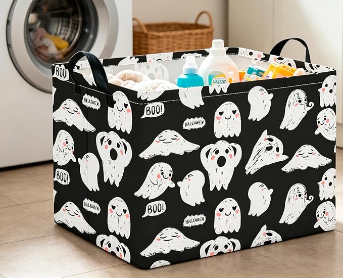 CLOCOR Rectangular Storage Basket Empty,Gift Basket,Waterproof Storage Bin with Handles,Room Decor(Black Ghost Halloween)