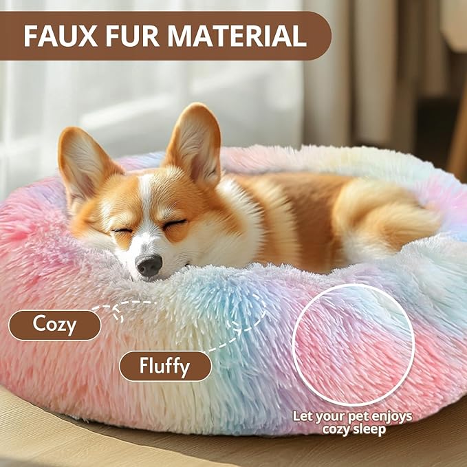 JOLLYVOGUE Medium Calming Dog Bed, Anti-Anxiety Donut Cuddler Cat Bed with Anti-Slip Bottom, Fluffy Faux Fur Machine Washable Pet Cushion for Medium Dog & Cat, 27"/Rainbow