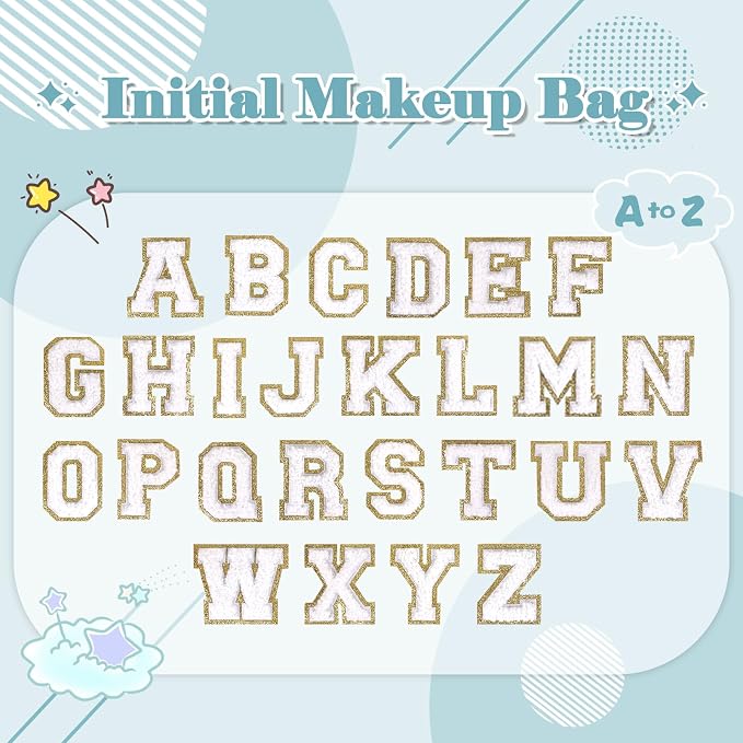 Small Personalized Initial A-Z Preppy Patch Makeup Bag,PU Chenille Letter Travel Cosmetic Pouch with Zipper,Blue Cute Toiletry Bag,Gift Ideal for Teen Girls Women Teacher Bridesmaid,Letter A