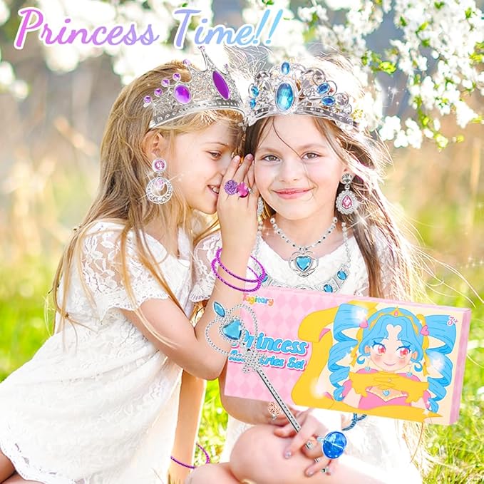 Princess Pretend Jewelry Toy 48 Pcs Jewelry Dress Up Play Set for Girls Included Tiaras Necklaces Wands Rings Earrings and Bracelets, Kids Play Jewelry Set for Girls