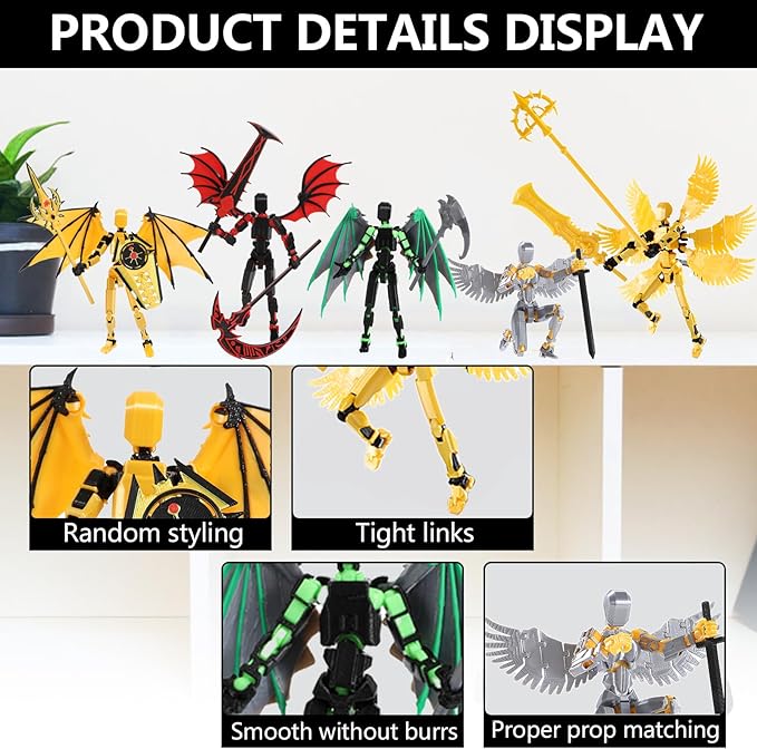 T13 Action Figure Set & Titan 13 Toys 5 Pack（3d Printed Action Figures Assembly Completed）（Multi-Jointed Movable）（Angel Designs Includes Various Accessories）Dummy 13 T 13 Figures Desk Decoration 5.5in