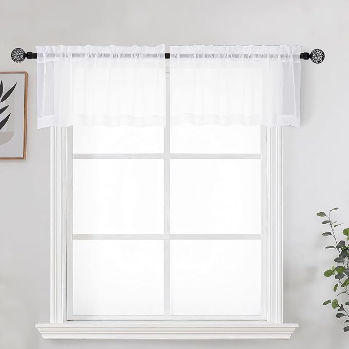 OWENIE White Sheer Curtains for Kitchen Valance Set of 2, Small Short Modern Rod Pocket Voile Valance Curtain Window Treatment Decor for Living Room Bathroom Cafe Laundry Basement, 42" W x 14" L