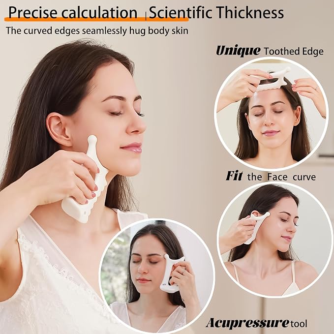 Ceramic 6‑in‑1 Gua Sha Tool for Face & Body, Jawline Sculpting, Double Chin Reduction, Lymphatic Drainage, Trigger Point Manual Massage Tool, Self-Care Gift Box for Women, White