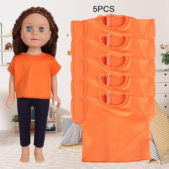 5-Piece Plain T-Shirts for 17-18 Inch Bear Clothes DIY Customizable Solid Color Tees (Orange)