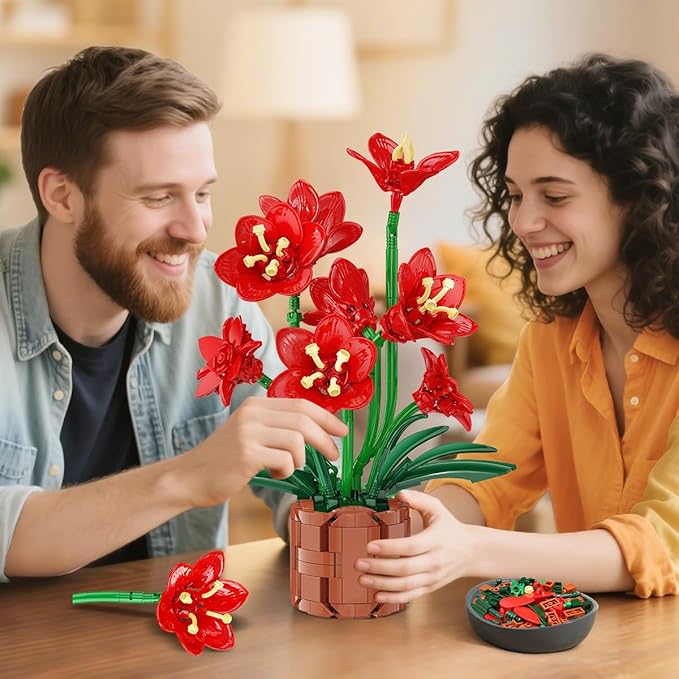 Amaryllis Flowers Bonsai Building Set, Botanical Collection Building Block, Artificial Plant Kit Home Decor, 503 PCS Flower Bouquet Bonsai for Her Adults Kids Boys Girls 12+