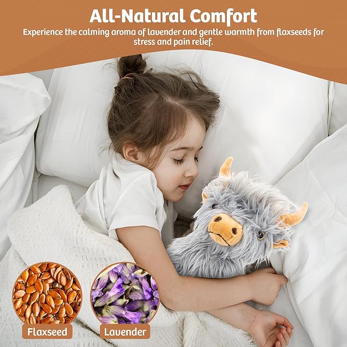 MARYSUN Highland Cow Stuffed Animal Toy, Gray Microwavable Highland Cow Gift for Girls and Kids