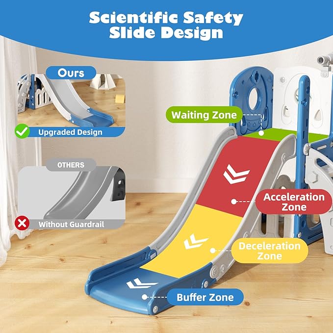 Glaf Toddler Slide 6 in 1 Outdoor Playset Indoor Playground for Kids Toddlers Age 1-3 Baby Slide with Basketball Hoop and Ball Storage Space and Telescope Freestanding Climber Slides Toys (Blue)