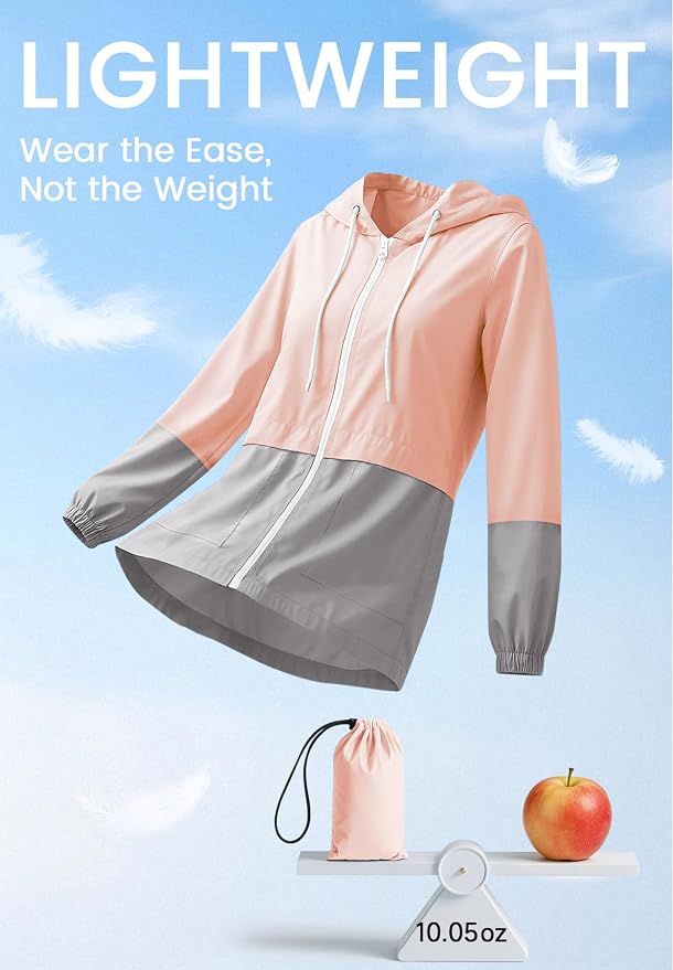 Zando Lightweight Rain Jacket Women Packable Waterproof Raincoat with Hood | Windbreaker Jacket Women, Light Raincoats for Drizzle, Rain Coats for Travel, Hiking and Commute
