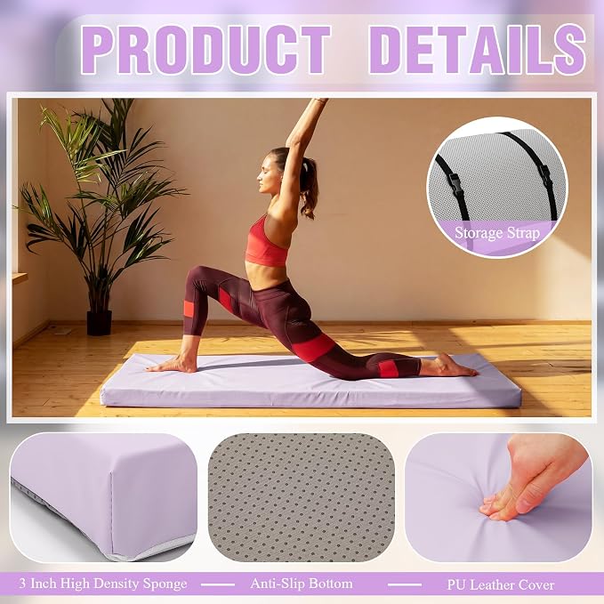 Lyrow 3 Inch Thick Yoga Mat, 72 x 24 Inch Cushioned Foam Floor Mat with Carry Strap, Non Slip PU Leather Workout Pad for Pilates, Stretching, Restorative Yoga and Home Gym