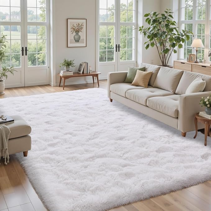 9x12 ft Fluffy White Rugs for Living Room Soft Fuzzy Bedroom Area Rug Non-Slip Shaggy Carpet for Nursery Kids PlayRoom Dorm Office Indoor Modern Plush Carpet Teens