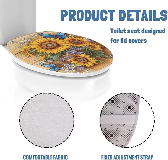 Sunflower Toilet Lid Cover Set with Elastic Band Blue Butterfly Toilet Seat Cushion Cover Replacement for Bathroom Decor Machine Washable Polyester Fabric Bathroom Covers