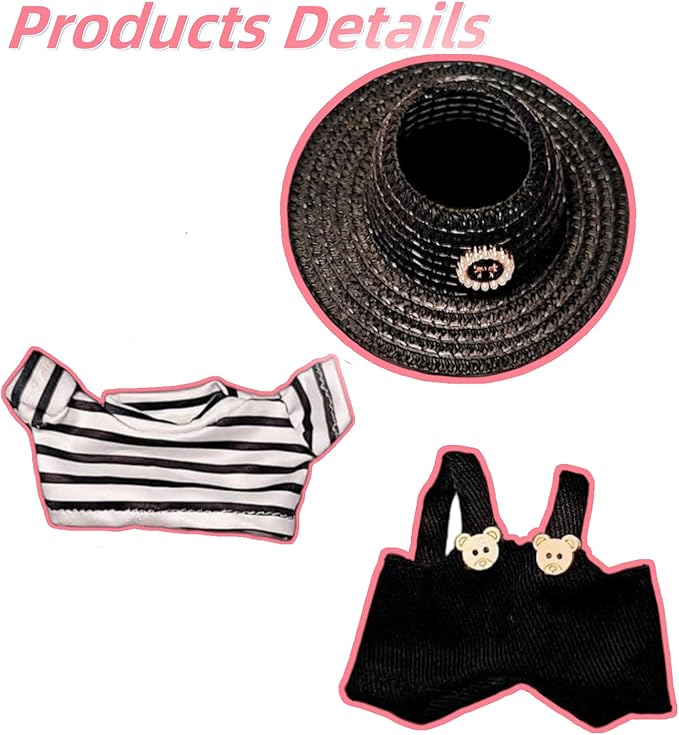 Doll Clothes for 17cm Figures,Black-and-White Striped Top Paired with Black Overalls and a Delicate Woven Hat