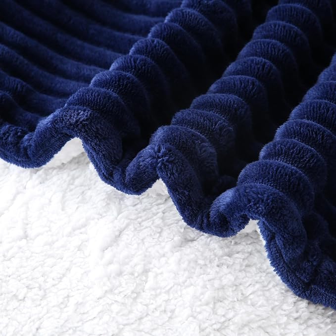 Navy Blue Sherpa Fleece Throw Blanket 108”×90”for Couch Sofa | Double Side Soft Fuzzy Cozy Plush Thick Flannel Blanket with Striped Design Gift for Adults,Woman