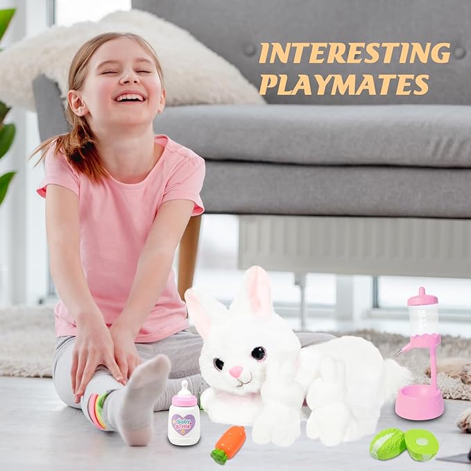 Nurturing Bunny Stuffed Animal with 2 Plush Babies, Interactive Baby Stuffed for Girls and Boys Plushy Mommy Rabbit with Baby Rabbits for Birthday Party Favors Gifts